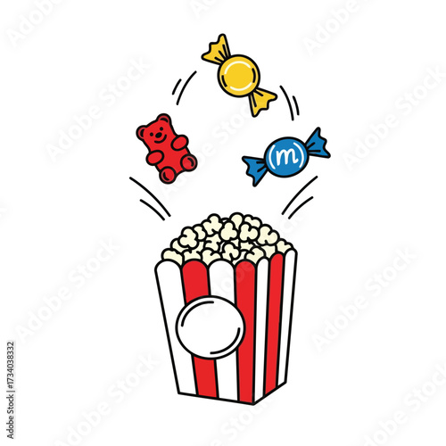 Vector illustration of a cartoon illustration of popcorn, gummy bear, and candies flying out of a popcorn box