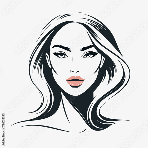 Portrait serré d'une  jolie  femme, dessin, noir et blanc, lèvres rouges, isolé sur fond blanc 