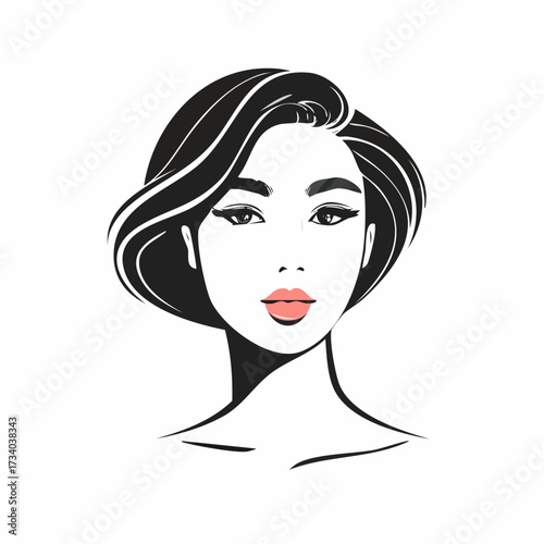Portrait serré d'une  jolie  femme, dessin, noir et blanc, lèvres rouges, isolé sur fond blanc 