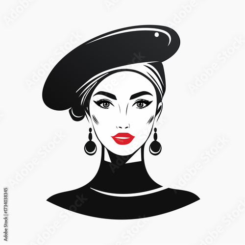 Portrait serré d'une  jolie  femme, dessin, noir et blanc, lèvres rouges, isolé sur fond blanc 