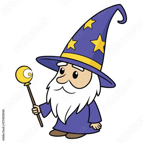 Cartoon wizard wearing starry hat holds moon staff on white background