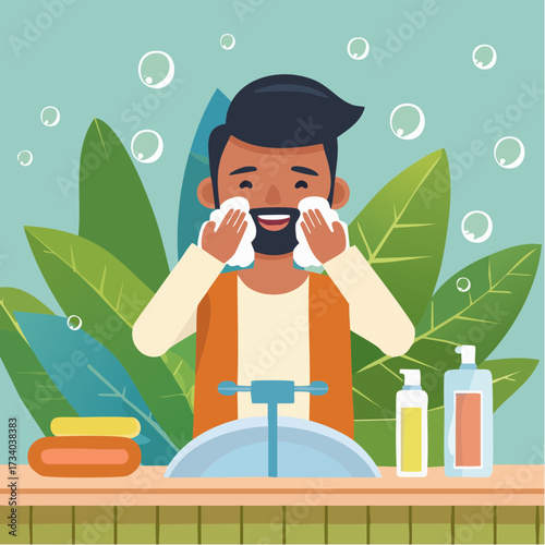 Un homme se nettoie le visage dans sa salle de bain, peau mate, hygiène, souriant, coloré