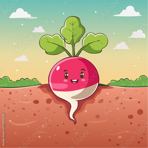 Un radis souriant en train de pousser dans la terre, vu en coupe, agriculture, culture, alimentation, écologie 