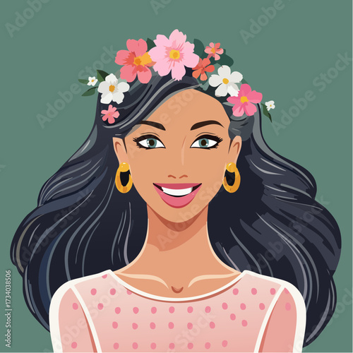 Portrait d'une sublime femme brune souriante, chevelure longue, fleurs dans les cheveux, fond vert