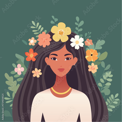 Portrait jolie femme à la peau mate, longue chevelure brune, de fleurs dans les cheveux, isolé sur fond vert 