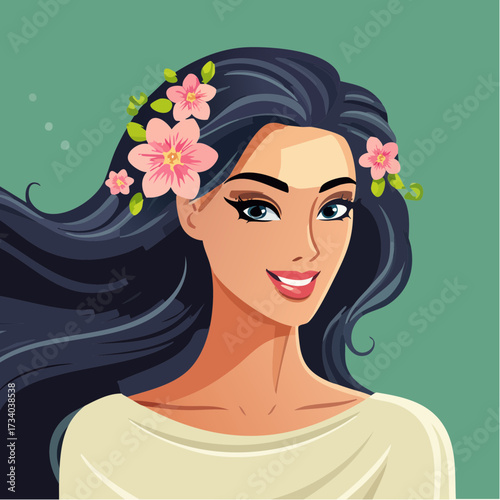 Portrait d'une sublime femme brune souriante, chevelure longue, fleurs dans les cheveux, fond vert
