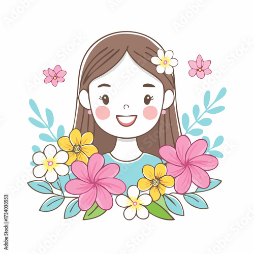 Portrait d'une jolie jeune fille souriante entourée de fleurs couleur pastel, isolée, fond blanc  