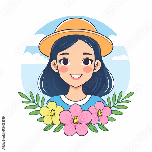 Portrait d'une jolie jeune fille souriante portant un chapeau, entourée de fleurs couleurs pastel, isolée, fond blanc  