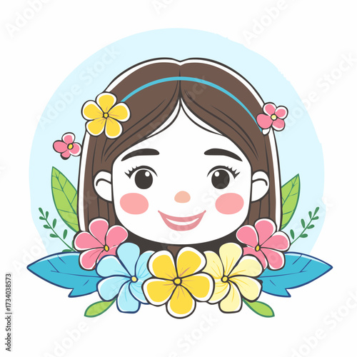 Portrait d'une jolie jeune fille souriante entourée de fleurs couleur pastel, isolée, fond blanc  