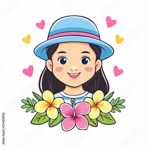 Portrait d'une jolie jeune fille souriante portant un chapeau, entourée de fleurs couleurs pastel, isolée, fond blanc  