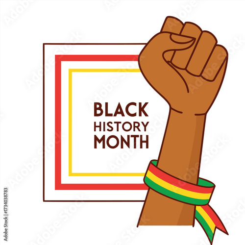 Raised fist adorned with ribbon salutes Black History Month against a frame