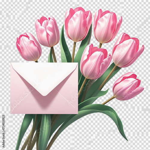An elegant composition featuring a classic envelope paired with a bouquet of delicate pink tulips