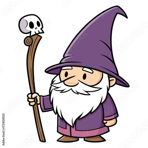Cartoon wizard with white beard holds skull topped staff wearing purple garments is isolated