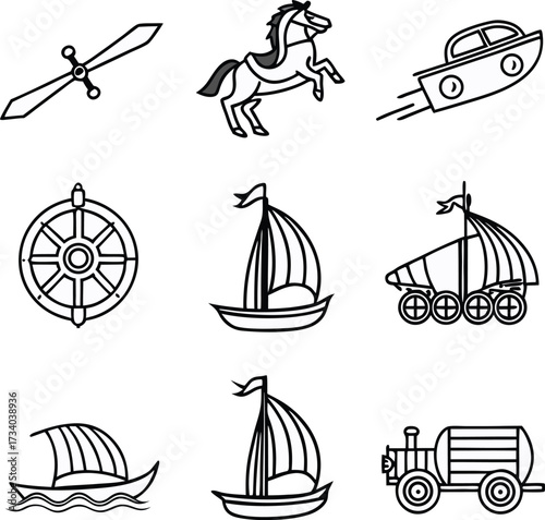 Enchanting journey through ages adventure awaits with sword, horse, rocket, wheel, ships, and wagon for history buffs and imaginative minds