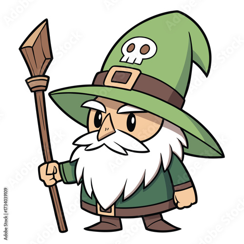 Cute wizard with a skull hat is holding a wooden staff against white