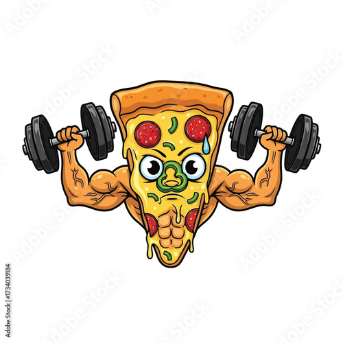 Vector illustration of a cartoon character of a slice of pizza with muscular arms lifting dumbbells, representing fitness and healthy eating