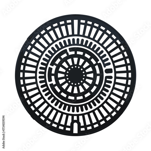 Intricate Black and White Geometric Manhole Cover Design
