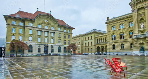 Swiss National Bank in Bundesplatz square next to Federal Palace building in Bern, Switzerland
