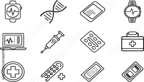 Modern healthcare icons showcase medical technology, diagnostics, and patient care essentials for innovative health solutions.