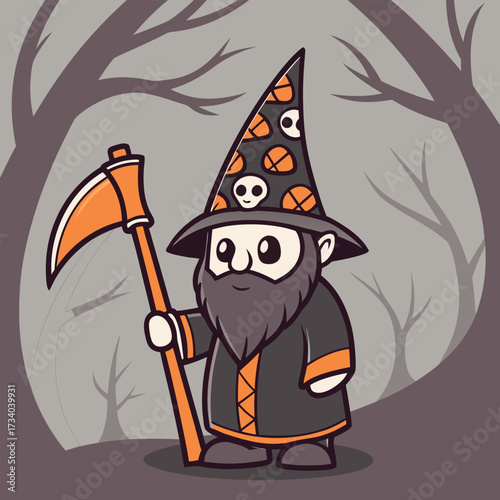 Bearded gnome with skull hat and scythe stands in a barren cartoon forest