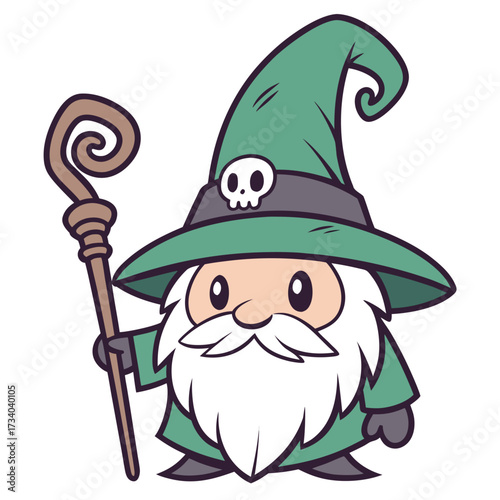 Cartoon wizard with a green hat and staff stands on a transparent background