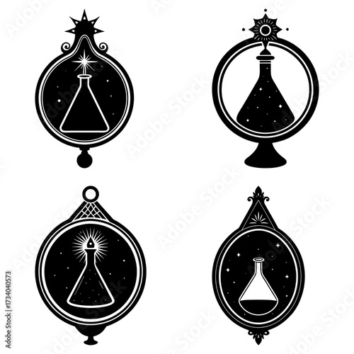 Collection of four ornate black and white science flask pendants with decorative celestial accents and designs