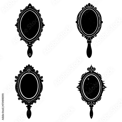 Illustration of four ornate hand mirrors with different designs in a black and white monochrome style