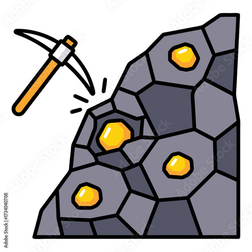 A vector illustration of a pickaxe striking rock to discover valuable gold nuggets