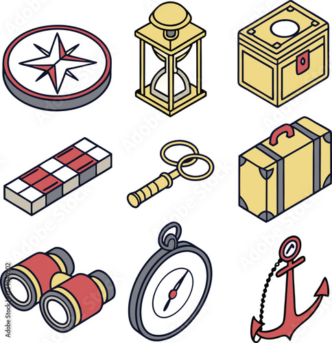 Explore the world with these vintage adventure icons a compass, hourglass, chest, binoculars, anchor, and more perfect for travel exploration and discovery themes