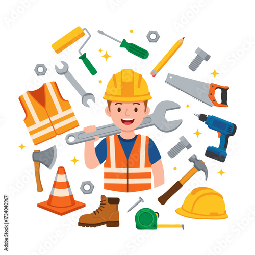 Smiling construction worker character with a set of building tools vector illustration concept