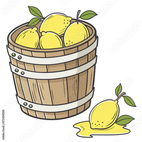 A rustic wooden bucket holds several fresh yellow lemons with green leaves. One lemon lies outside, spilling juice, suggesting it’s been squeezed or damaged. The scene evokes freshness.