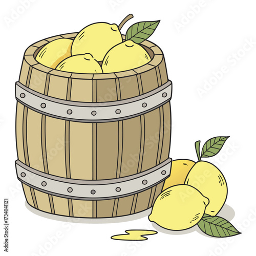 A few more lemons with green leaves are piled on the ground next to the barrel, along with a small puddle of what appears to be lemon juice. The barrel has metal bands around it.