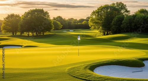 Beautiful golf course at golden hour with perfectly manicured putting green and flag in foreground. Sand bunkers frame the emerald fairway while mature trees line the course under warm sunset sky.