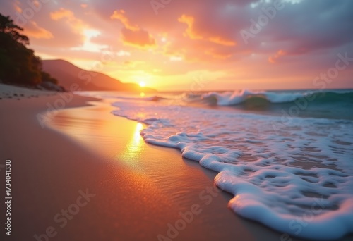 Serene Beach Sunset Tropical Horizon Colorful Sky Tranquil Scene Reflections Relaxing Foamy Waves