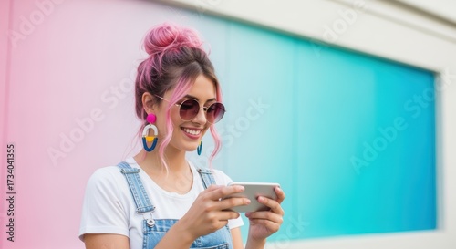 Stylish young woman with vibrant pink hair in top knot smiles while using smartphone outdoors. She wears round sunglasses, colorful geometric earrings, and denim overall over white tee.