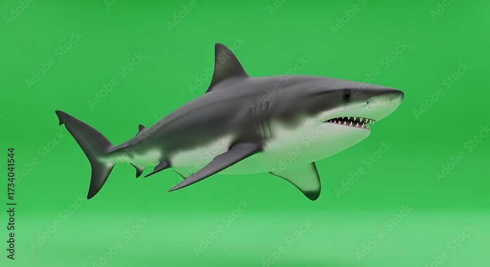 Fototapeta premium Great white shark swimming on a vibrant green screen background, ready for compositing into various scenes.