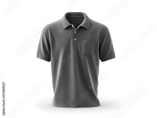 Elegant grey polo shirt mockup featuring a pocket and clean design, isolated on a white background.