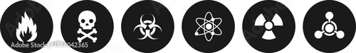 Set of Vector Icons of Dangerous chemical signs - Black and White - Fire icon, hazardous icon, poisonous icon, skull icon, nuclear radiation icon, radiation. 5.eps