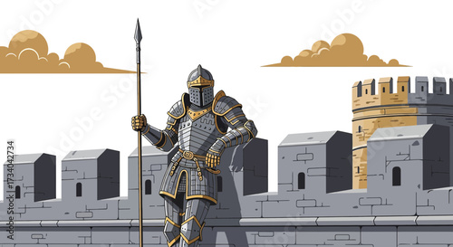 Knight guarding the fortress wall in medieval armor with spear illustration style