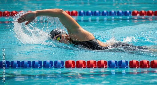 Competitive swimmer performing front crawl in crystal clear pool water. Athlete shows powerful technique with splashing water. Red and blue lane dividers frame the action in professional facility.