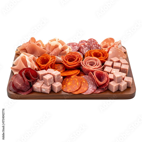 Artfully arranged charcuterie board featuring various cured meats sliced sausages and cubed delicacies on a wooden platter Ready to serve