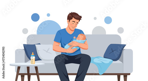 Loving father gently cradling his newborn baby at home, sharing a tender moment
