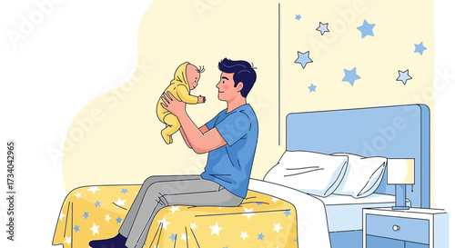 Loving father playfully interacting with his newborn baby in a star decorated bedroom setting