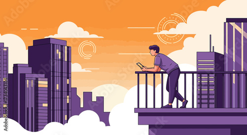 Man contemplates city view from balcony at sunset, digital device in hand serene urban escape