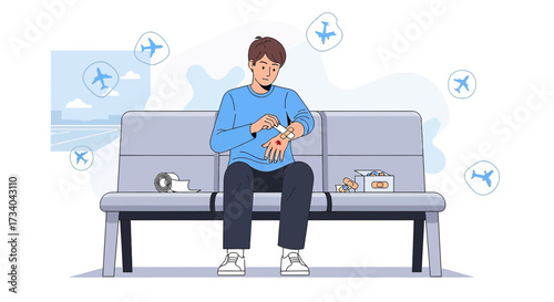 Man applying bandage to wound while waiting at the airport illustration scene