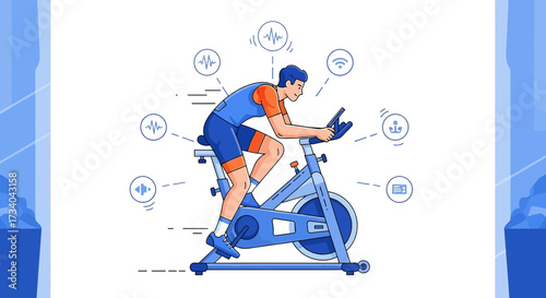 Man cycling on a stationary bike with health tracking and connectivity features shown in icons