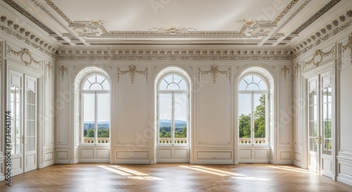 Elegant neoclassical interior with ornate white walls, gilded moldings, and three arched windows overlooking parkland. Sunlight streams across polished parquet floors in this grand room.