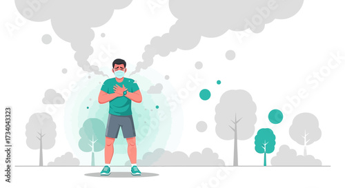 Man in mask suffering from air pollution and respiratory problems during outdoor exercise