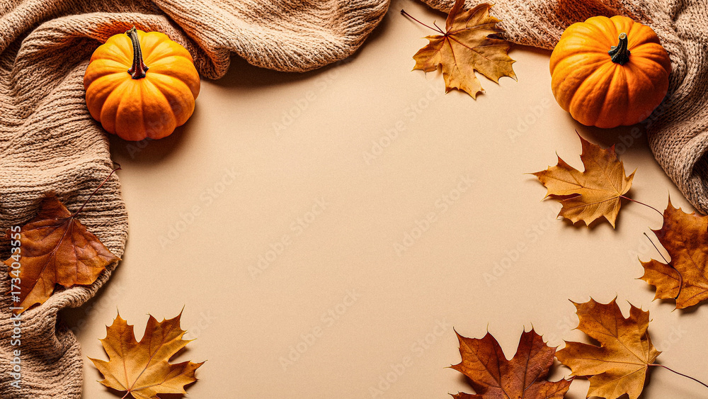 Fototapeta premium Cozy autumn vibes with pumpkins and maple leaves on a beige background, perfect for Thanksgiving themes and seasonal promotions this fall season