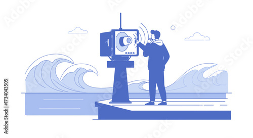 Man operating an advanced radar system on a coastal platform for weather monitoring and navigation